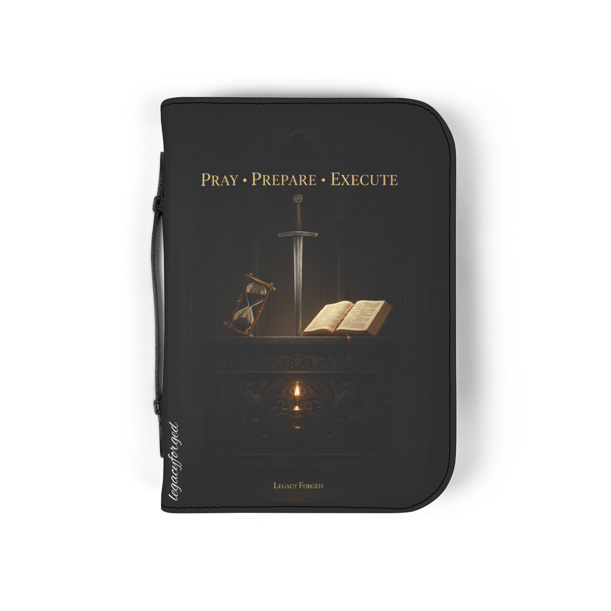 Bible Cover — "Pray • Prepare • Execute" Sword & Open Bible Zippered Cover LegacyForged™