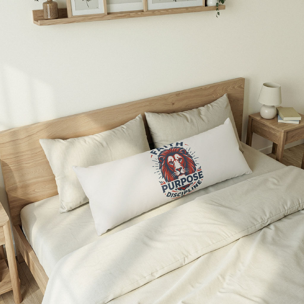 Lion Purpose Body Pillow — 'Faith Purpose Discipline' Inspirational Long Pillow