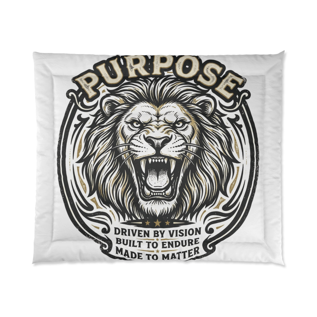 Purpose Lion Comforter – Motivational Roaring Lion Bedding ("Driven by Vision, Built to Endure, Made to Matter")