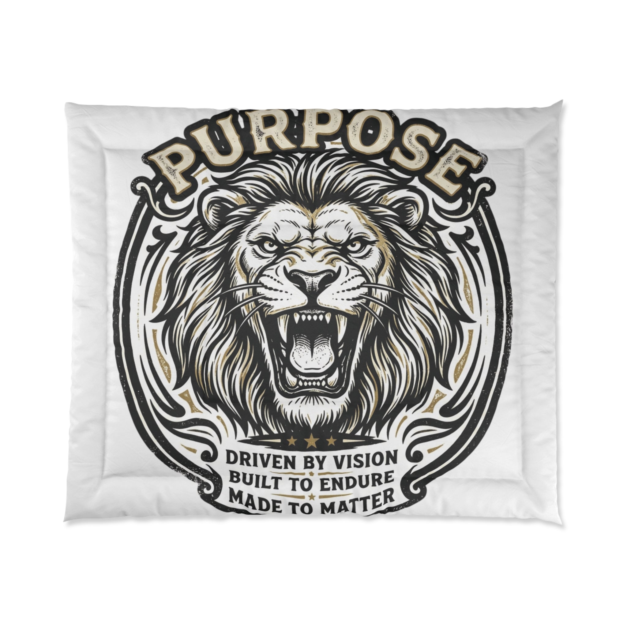 Purpose Lion Comforter – Motivational Roaring Lion Bedding ("Driven by Vision, Built to Endure, Made to Matter")