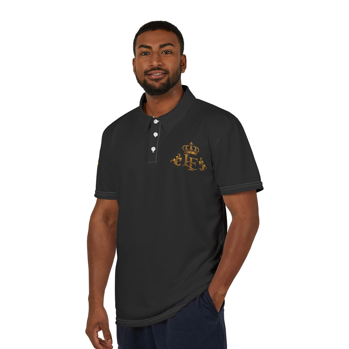 Crown Monogram Polo Shirt — Elegant Black & Gold Casual Polo LegacyForged™
