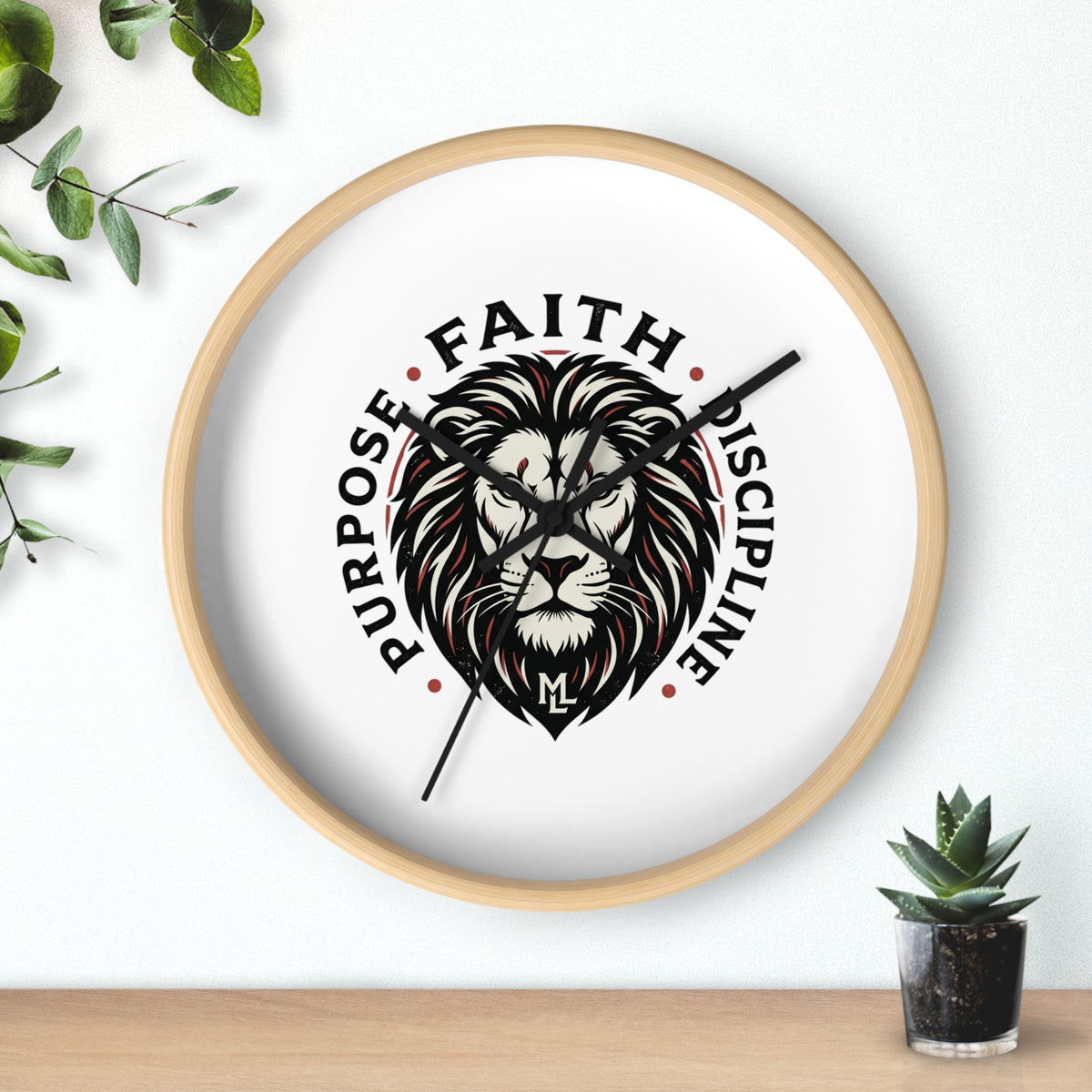 Lion Emblem Wall Clock — "Purpose • Faith • Discipline" Motivational Home Decor