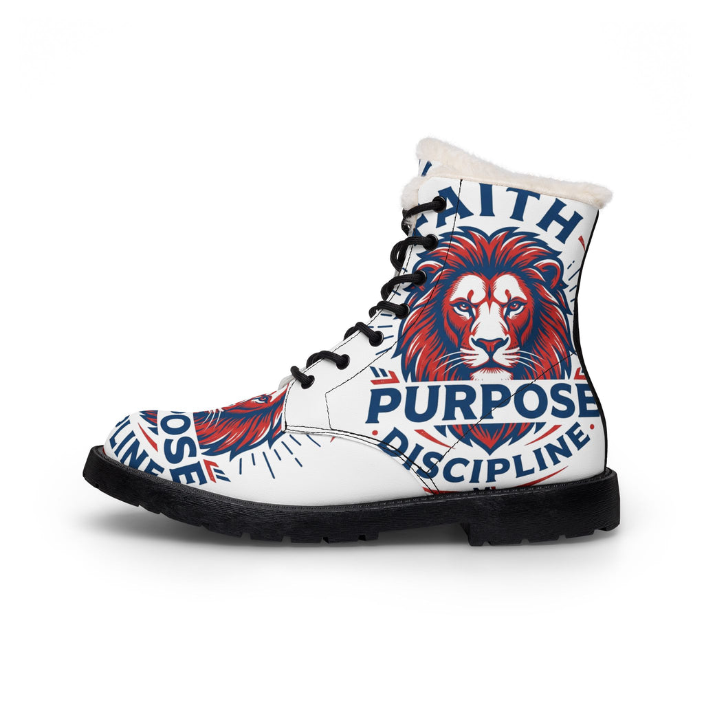 Lion Emblem Fur-Lined Boots — "Faith, Purpose, Discipline"