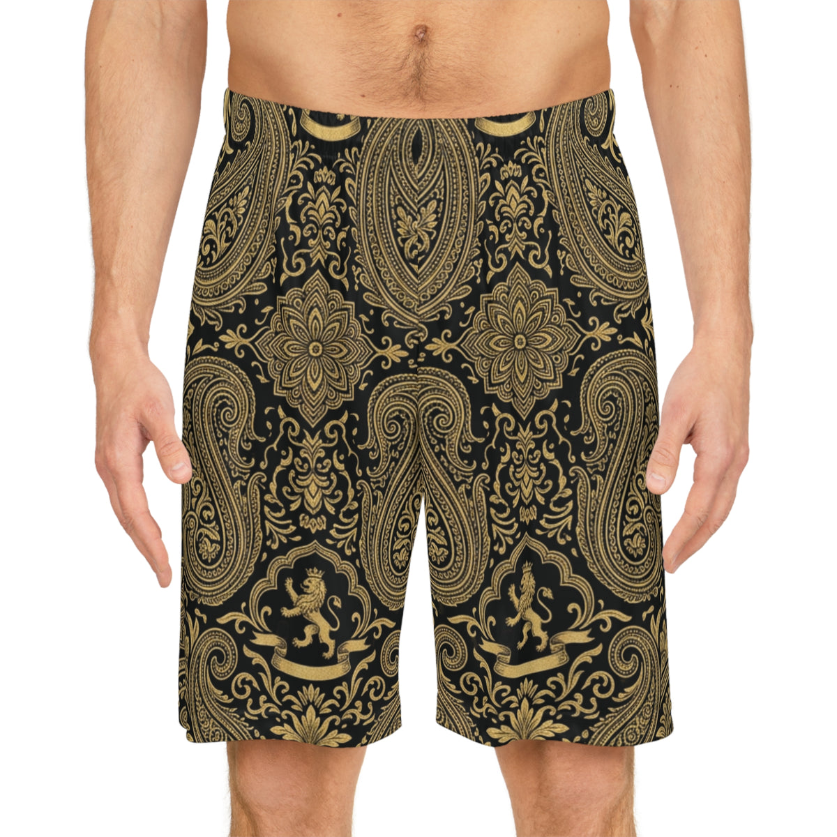 Gold Paisley Basketball Shorts — All-Over Print Athletic Streetwear