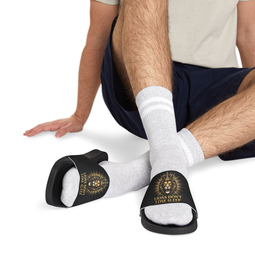 Lion Graphic Slide Sandals — "Lions Don't Lose Sleep" Removable Strap Slides