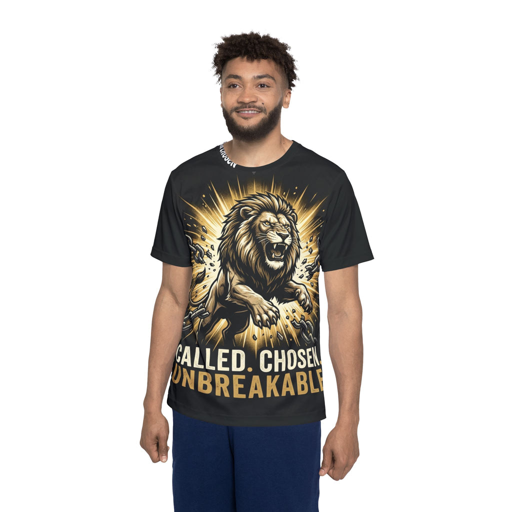 Men's Jersey — "Called. Chosen. Unbreakable." Lion Graphic Athletic Tee