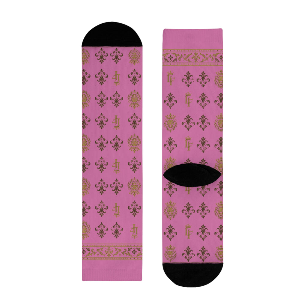 Pink Gold Damask Crew Socks — Floral Vintage Pattern Sublimation LegacyForged™