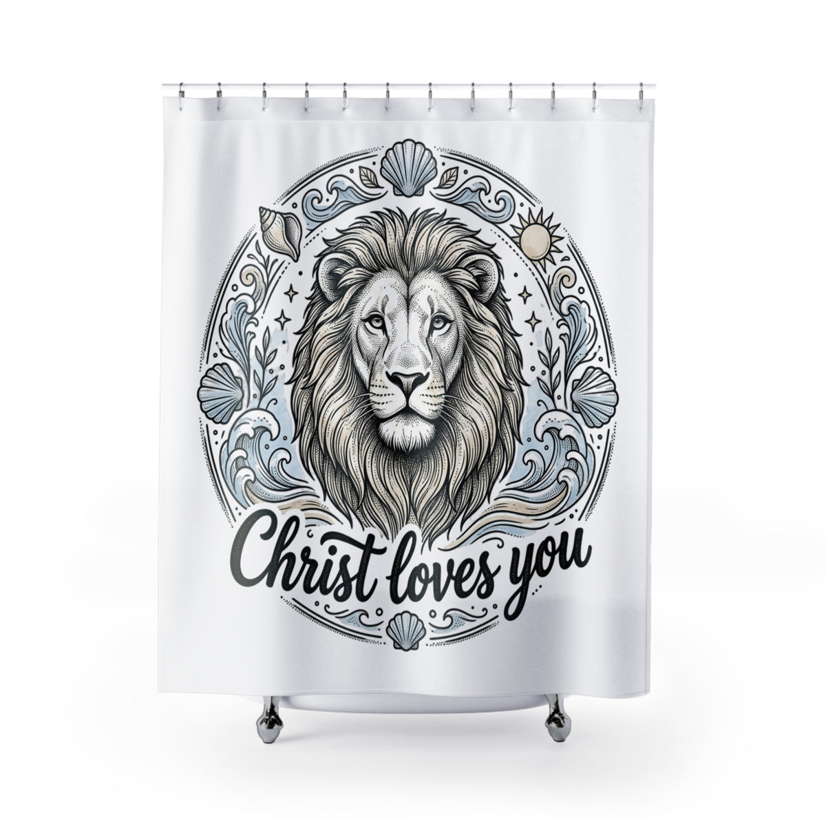 Lion of Judah Shower Curtain — "Christ Loves You" Christian Bathroom Decor