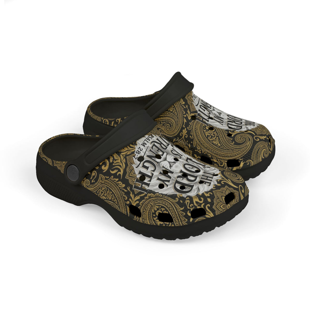 Kids Clogs - "The Lord Is My Strength" Brown Paisley Christian Foam Clogs