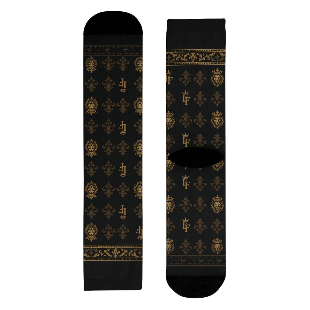 Elegant Gold Fleur-de-Lis Crew Socks — Black Sublimation Pattern LegacyForged™