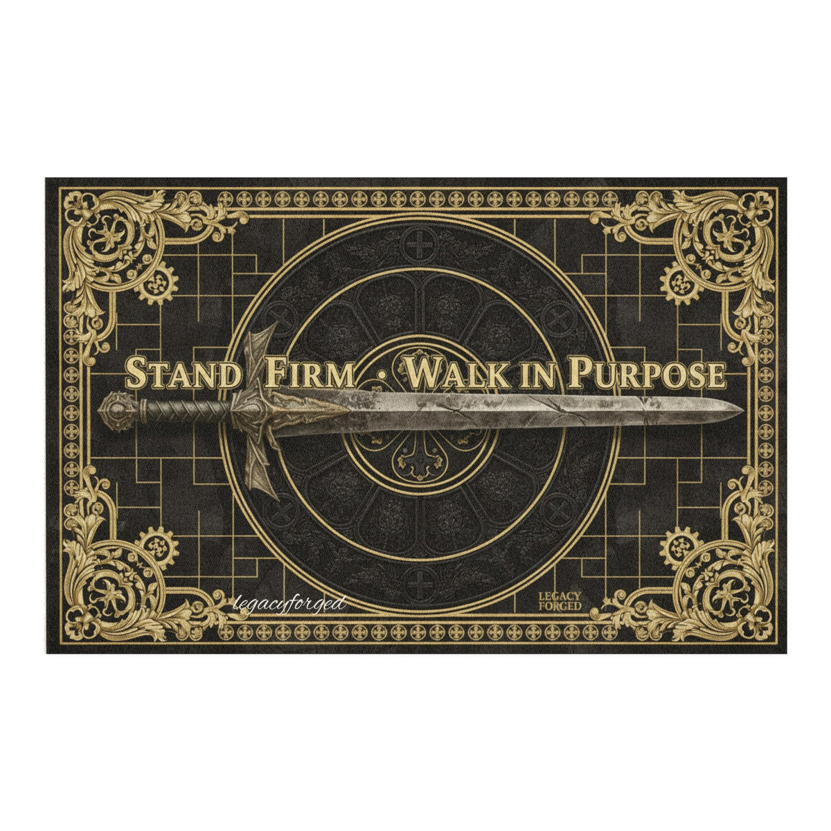 Stand Firm Walk in Purpose Decorative Rug — Inspirational Sword Entry Mat LegacyForged™