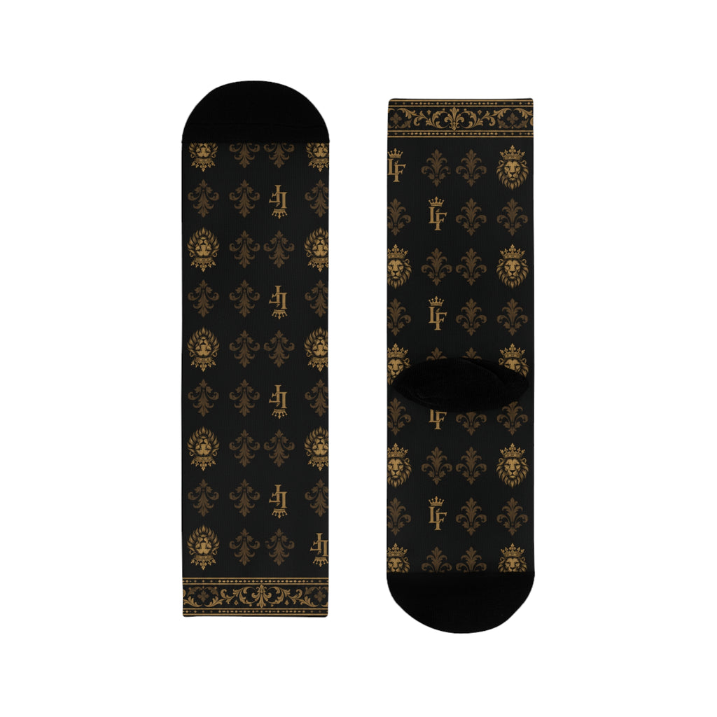 Elegant Gold Fleur-de-Lis Crew Socks — Black Sublimation Pattern LegacyForged™
