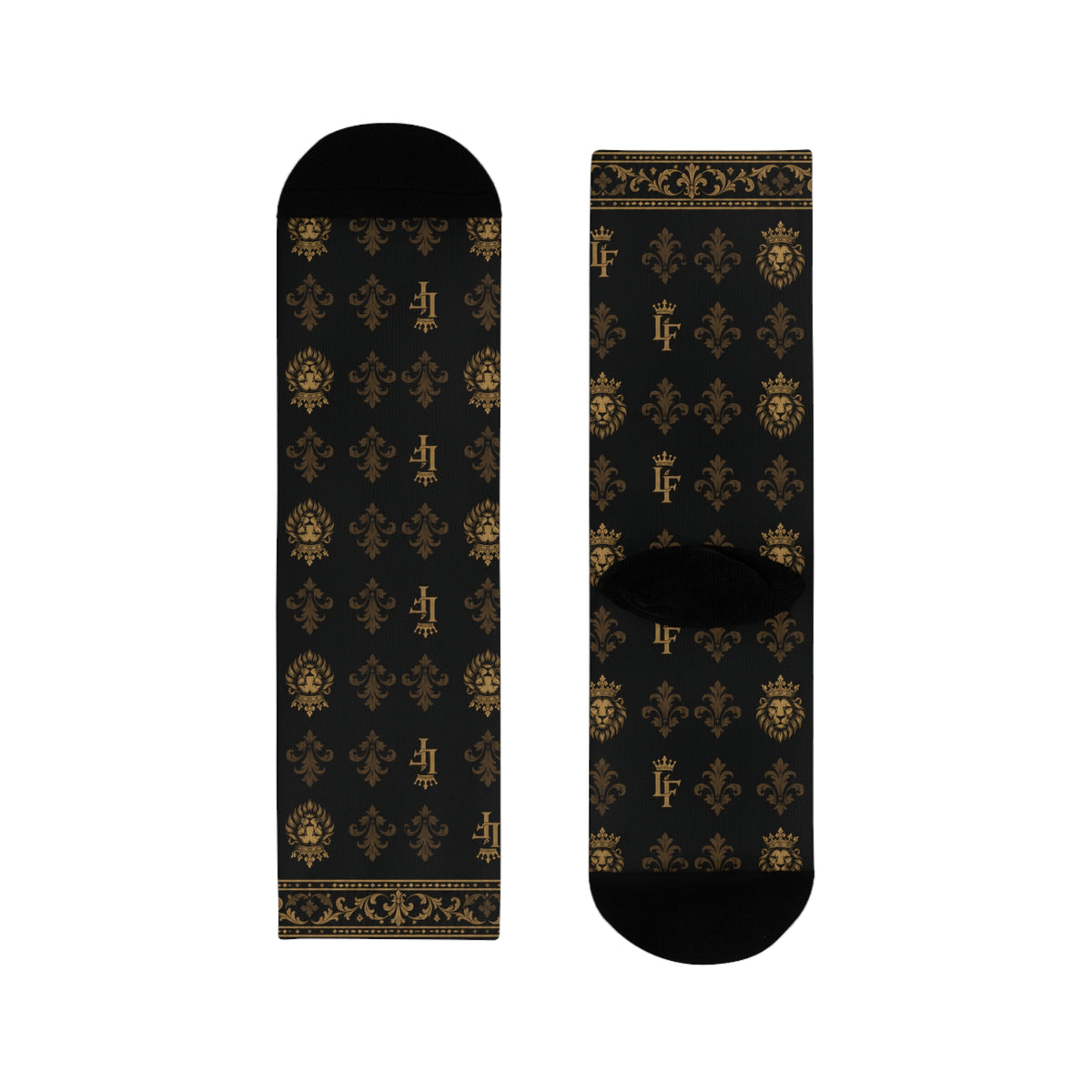Elegant Gold Fleur-de-Lis Crew Socks — Black Sublimation Pattern LegacyForged™