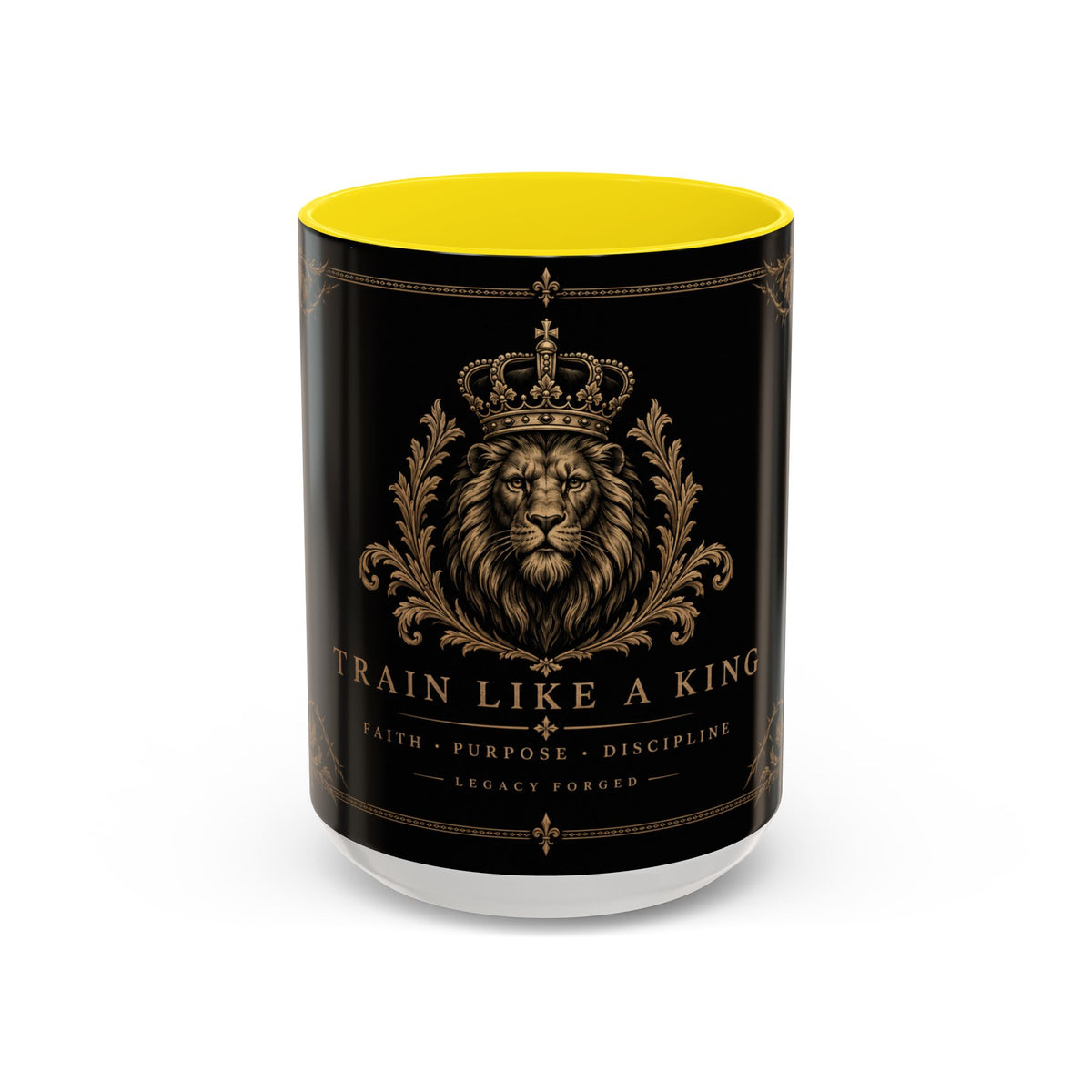 Train Like a King Coffee Mug — Lion Crown Motivational Black Tea Mug (11/15oz)