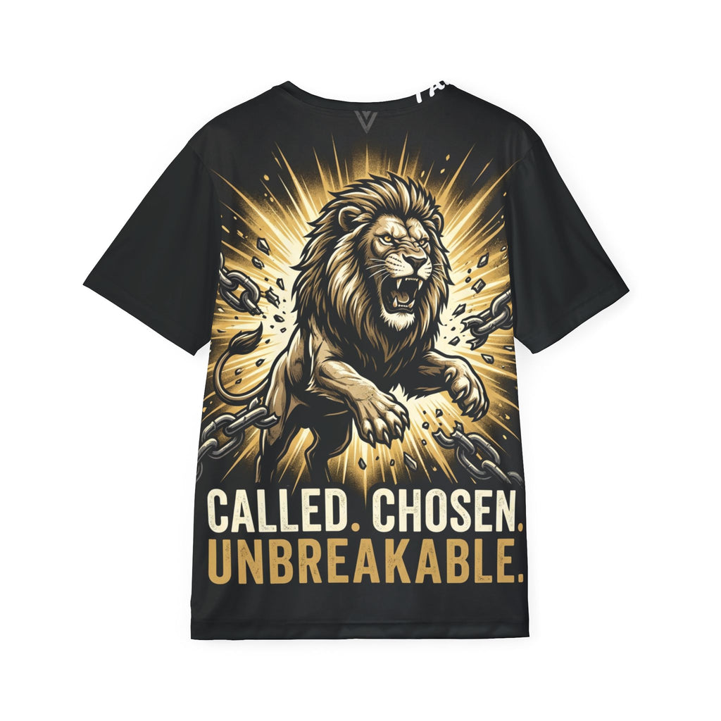 Men's Jersey — "Called. Chosen. Unbreakable." Lion Graphic Athletic Tee