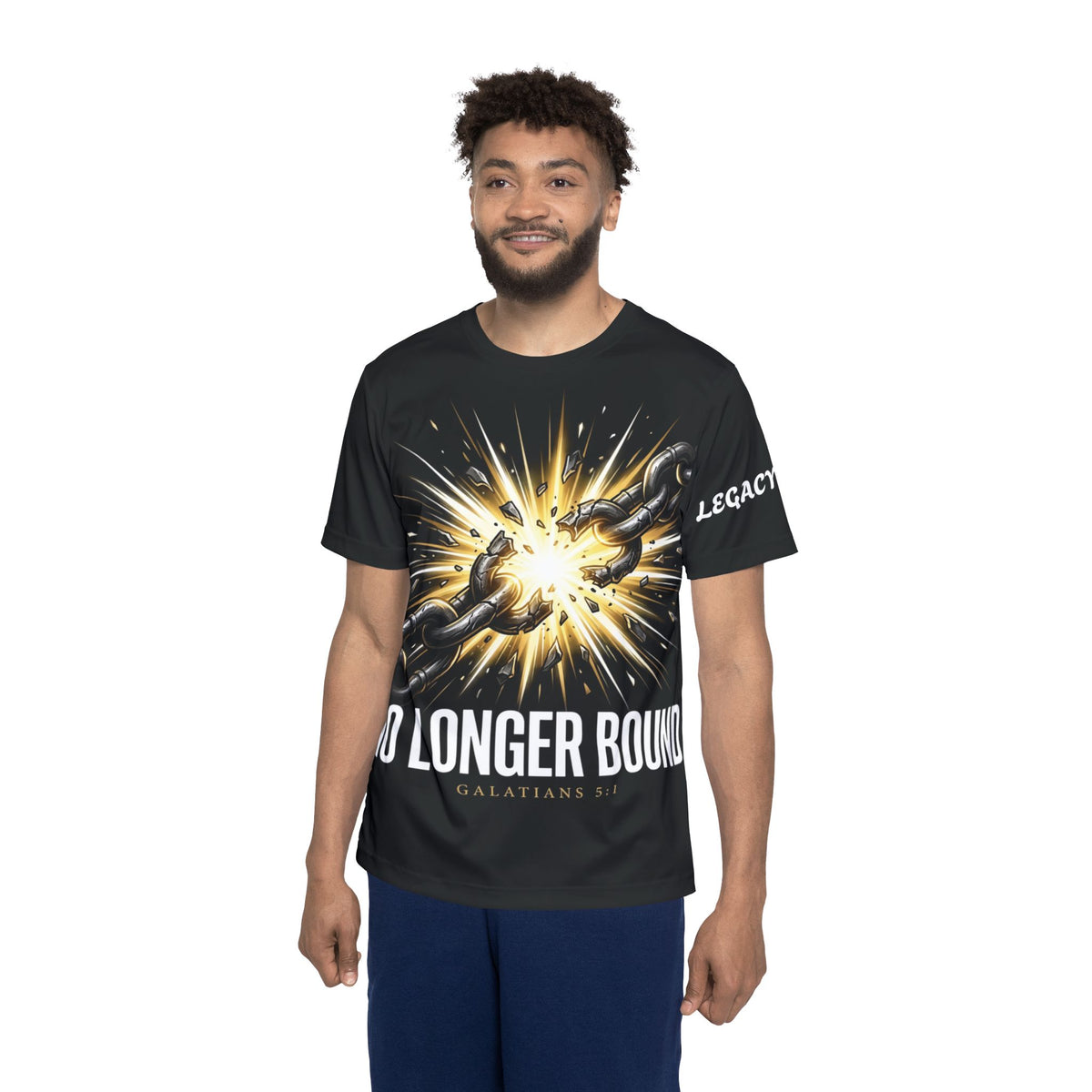 No Longer Bound Men’s Sports Jersey — Christian Freedom Galatians 5:1 Athletic Tee
