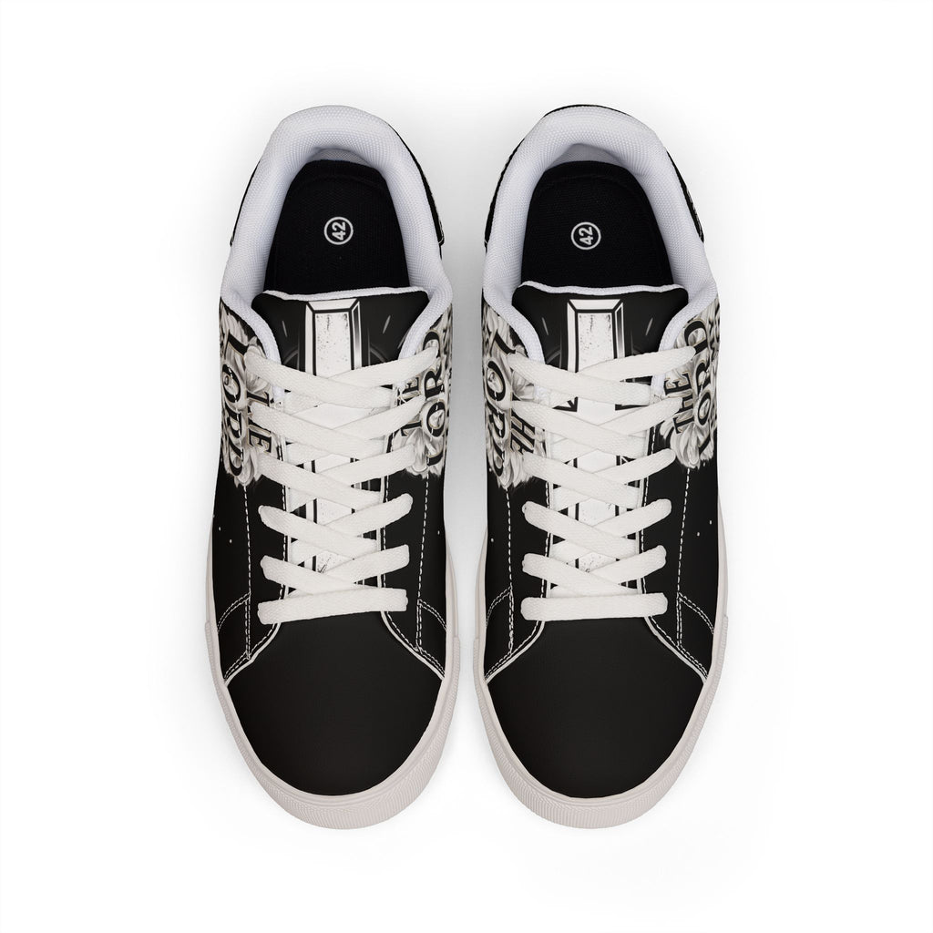 Men's Low-Top Leather Sneakers — "The Lord Is My Strength" Script Design