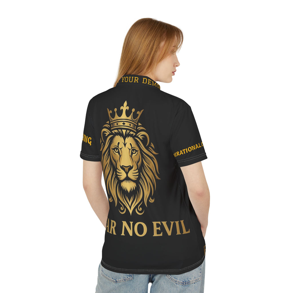 Fear No Evil Lion Polo Shirt — Regal Crowned Lion Graphic