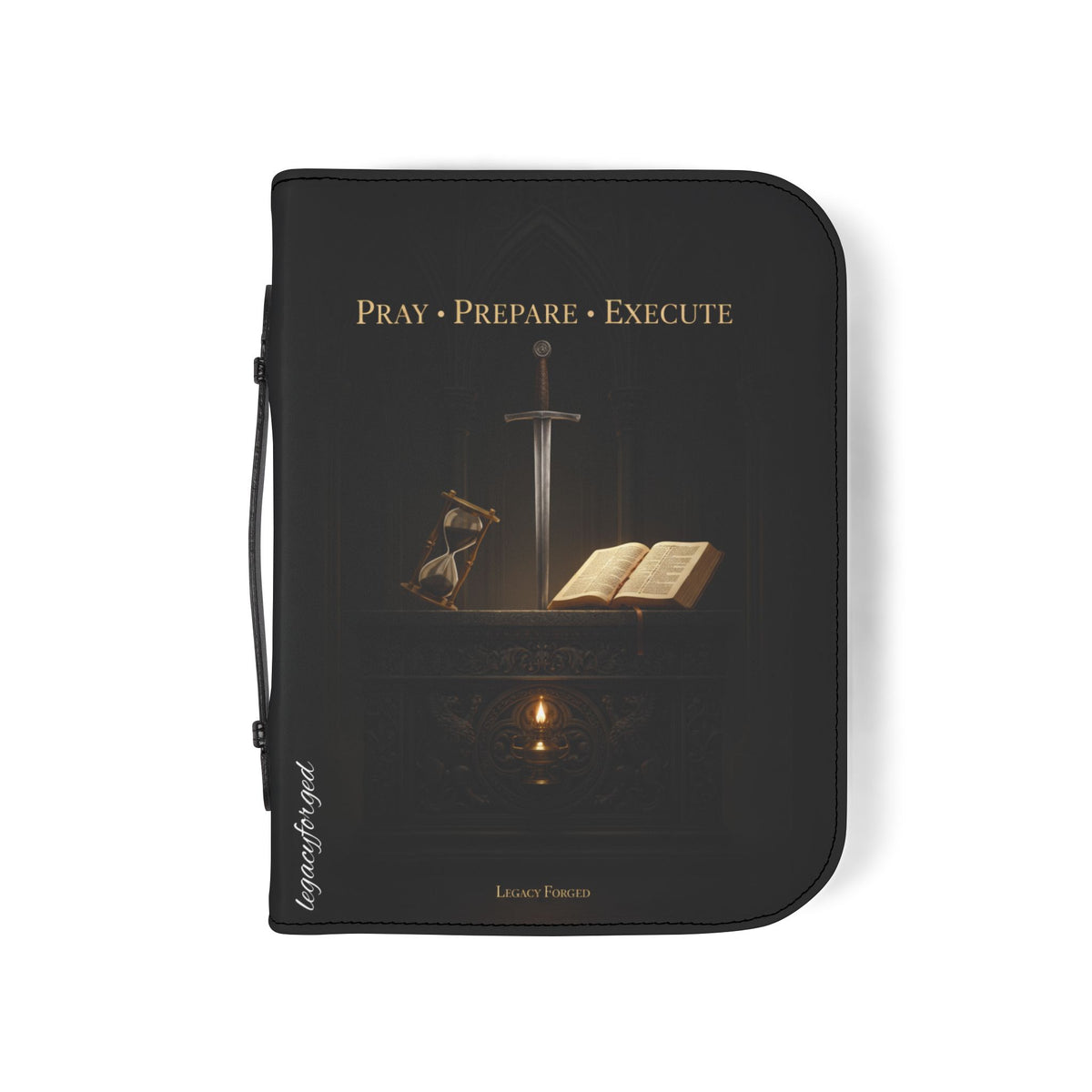 Bible Cover — "Pray • Prepare • Execute" Sword & Open Bible Zippered Cover LegacyForged™