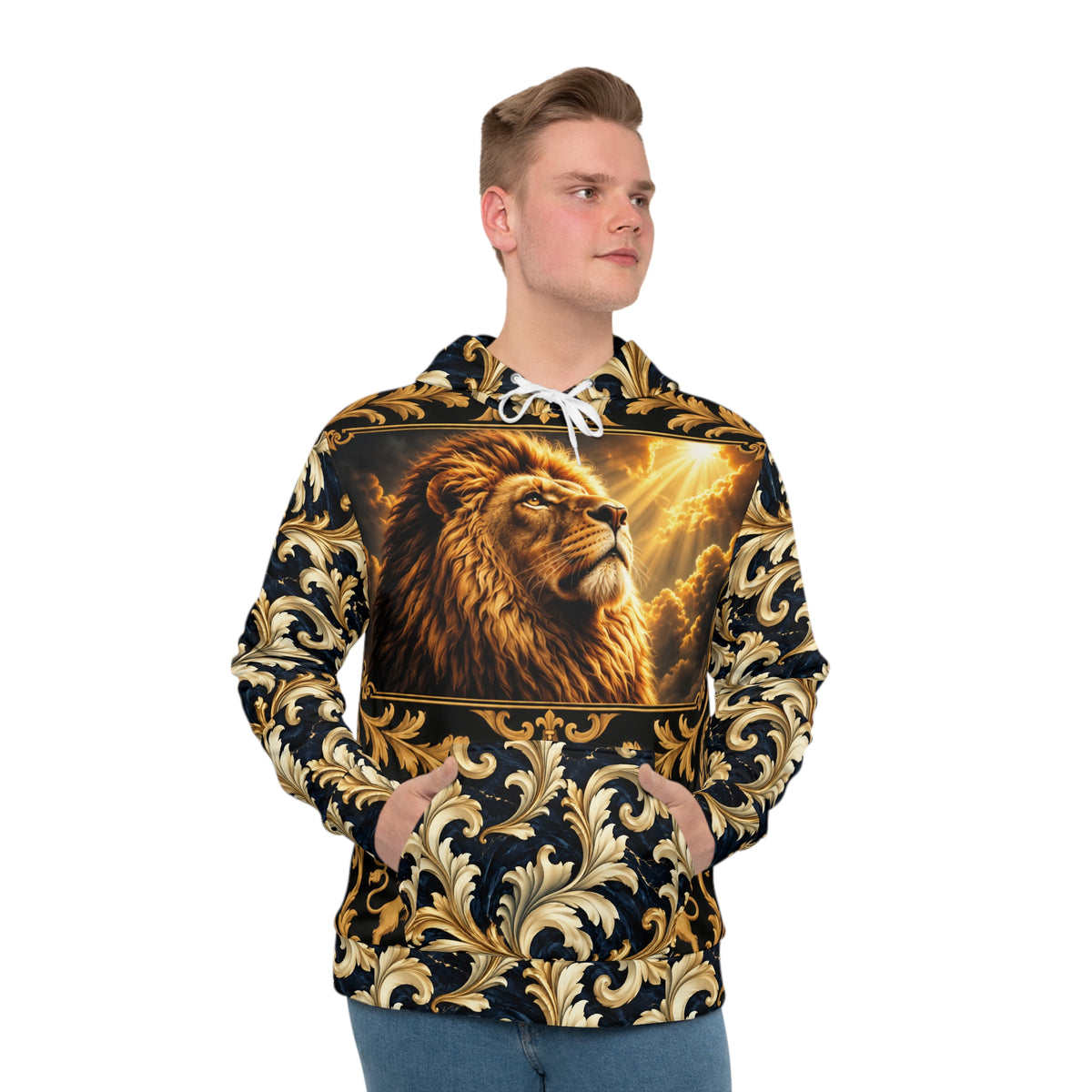 Lion Portrait Baroque Gold Scroll Hoodie