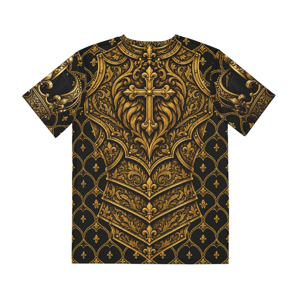 Lion Crest Polyester Tee — Gold Medieval Armor Design — LegacyForged™