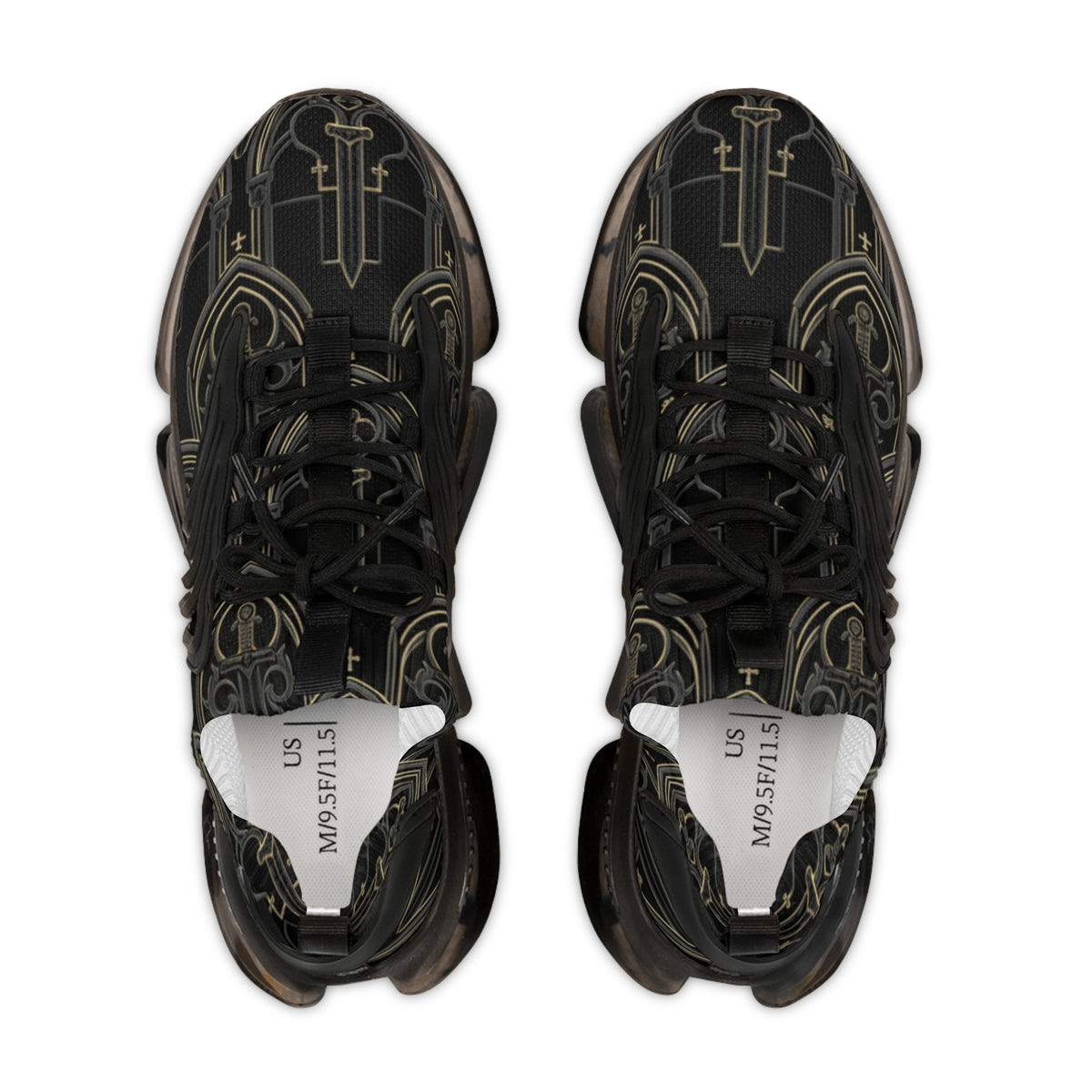 Men’s Athletic Sneakers — Black Gothic Sword Pattern Mesh Trainers