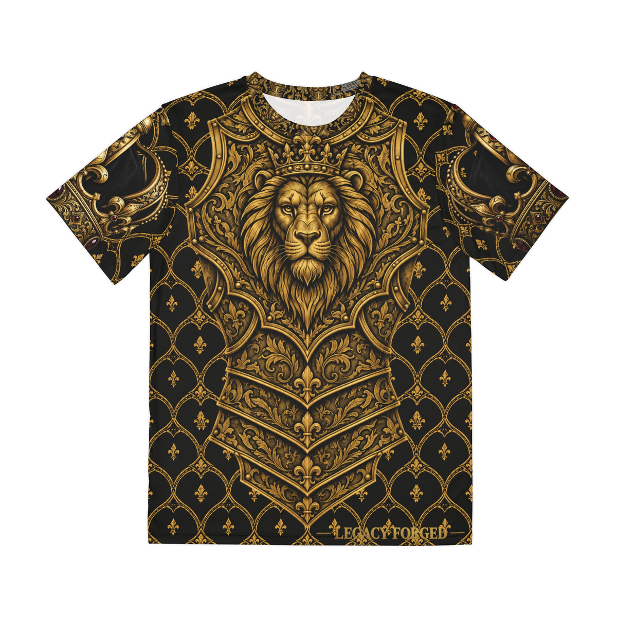 Lion Crest Polyester Tee — Gold Medieval Armor Design — LegacyForged™