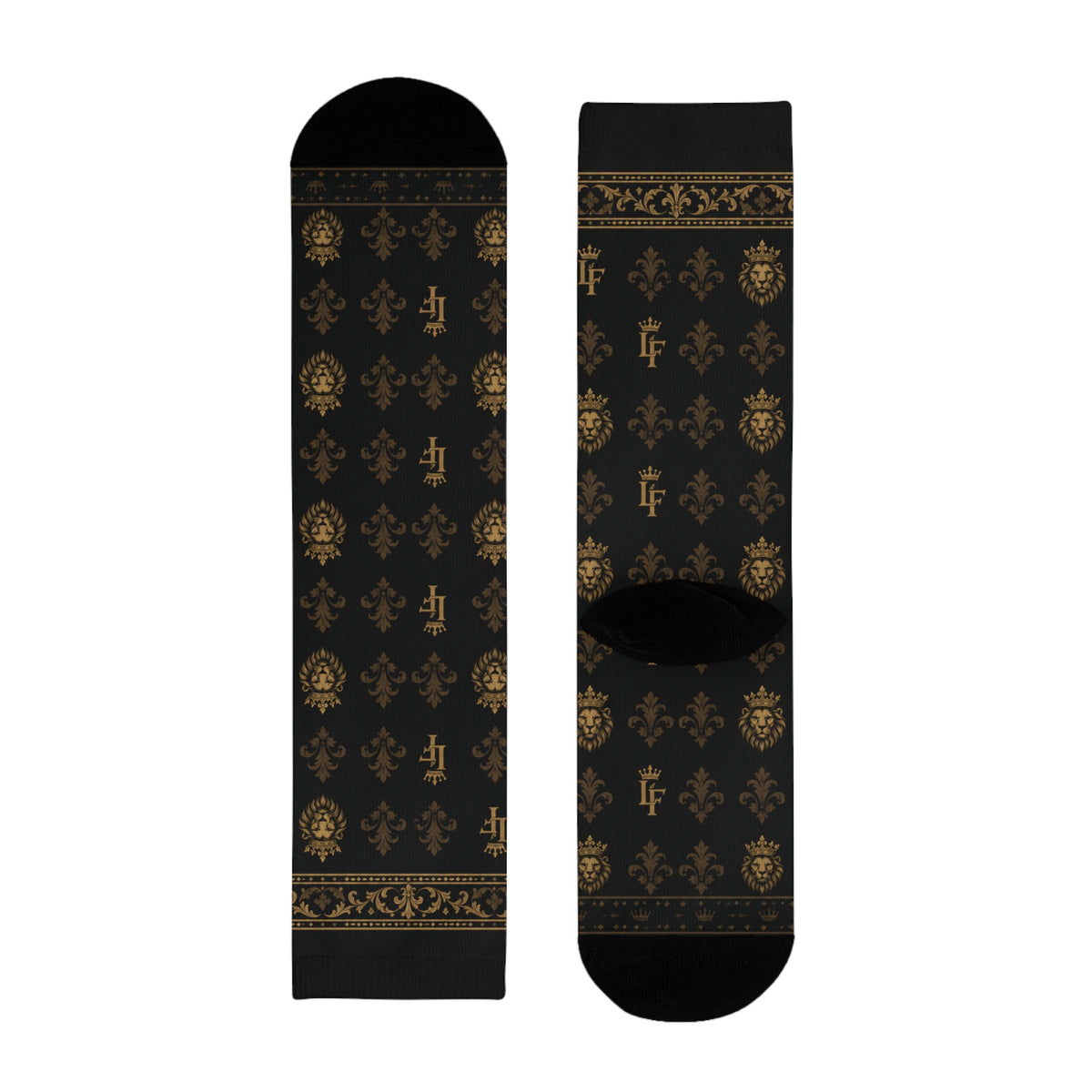 Elegant Gold Fleur-de-Lis Crew Socks — Black Sublimation Pattern LegacyForged™