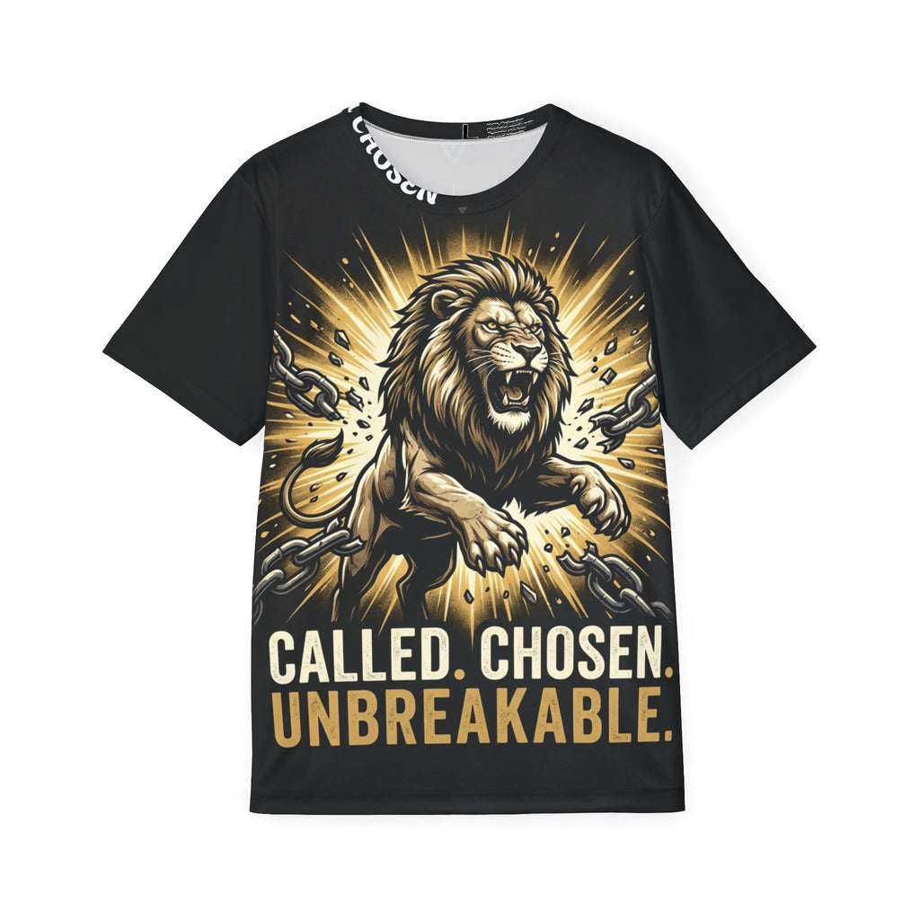Men's Jersey — "Called. Chosen. Unbreakable." Lion Graphic Athletic Tee