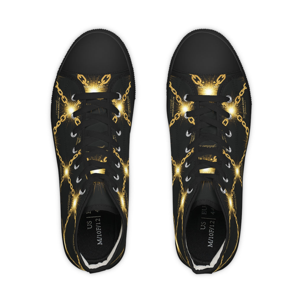 Gold Chain Pattern High Top Sneakers — Men's Black & Metallic Streetwear