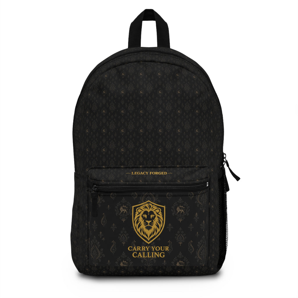 Carry Your Calling Backpack — Black Gold Lion Emblem Travel Backpack LegacyForged™