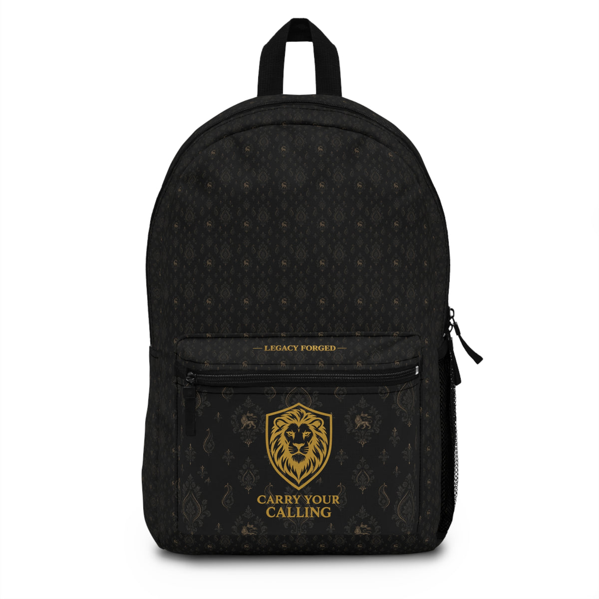 Carry Your Calling Backpack — Black Gold Lion Emblem Travel Backpack LegacyForged™