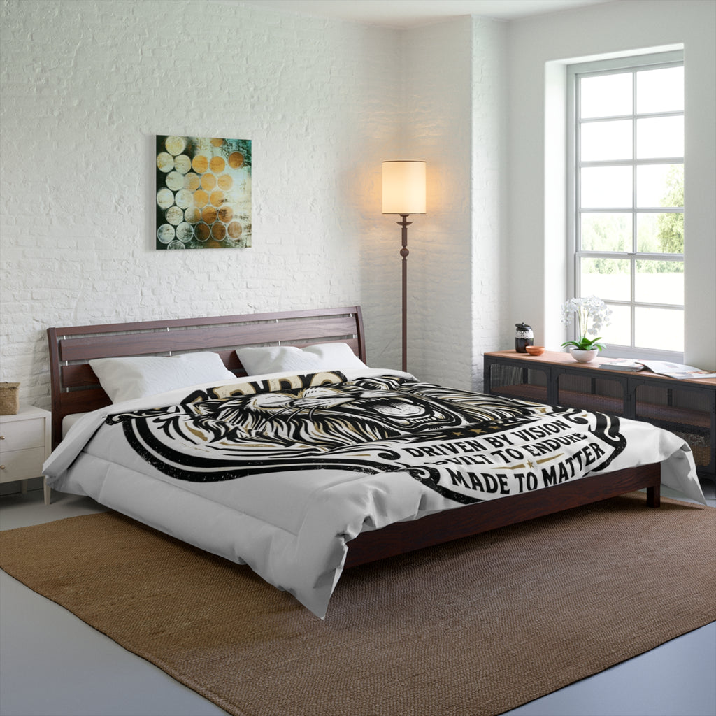 Purpose Lion Comforter – Motivational Roaring Lion Bedding ("Driven by Vision, Built to Endure, Made to Matter")