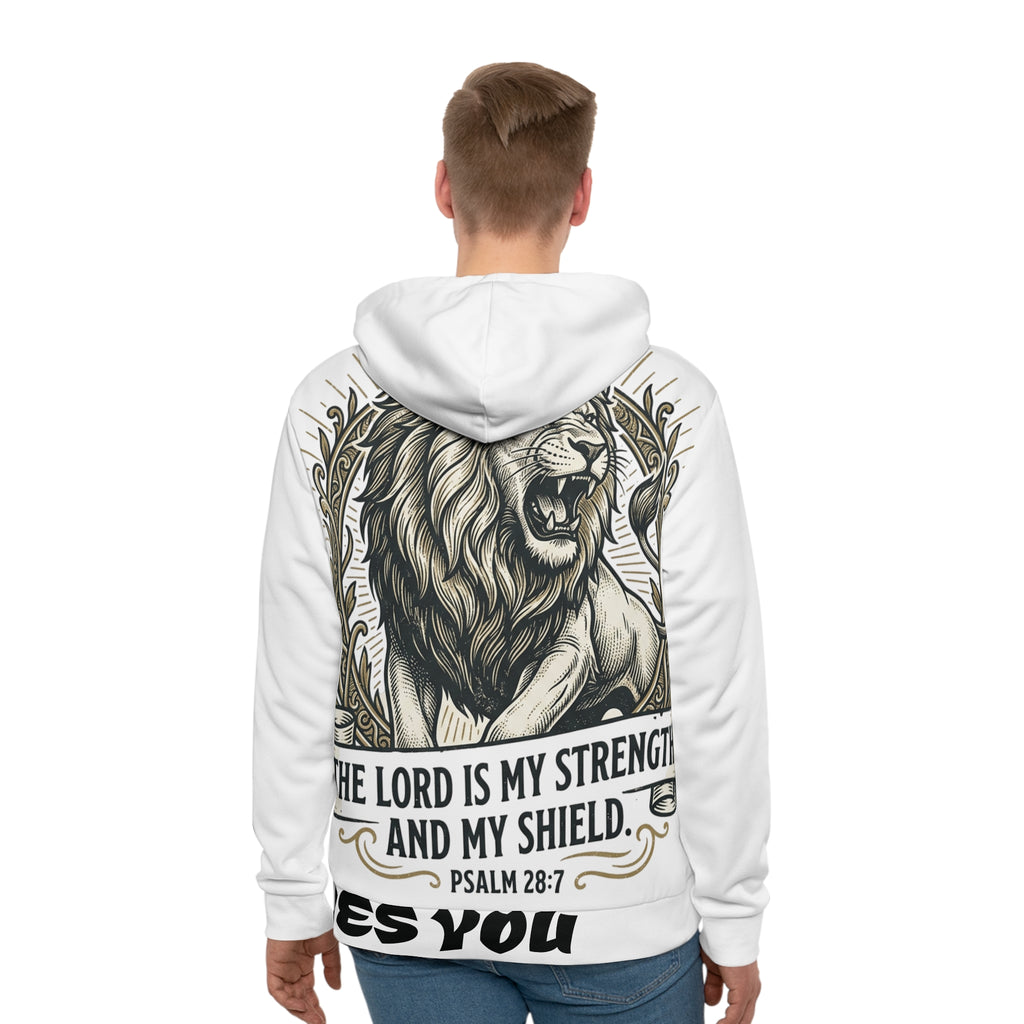 Christian Lion Hoodie — "The Lord Is My Strength and My Shield" (Psalm 28:7) LegacyForged™