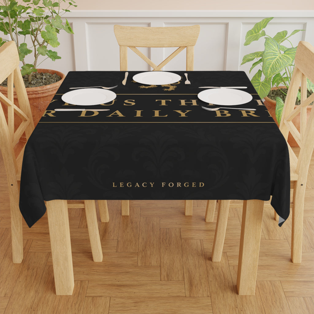 Give Us This Day Our Daily Bread Tablecloth — Elegant Black & Gold Religious Dining Table Cover LegacyForged™