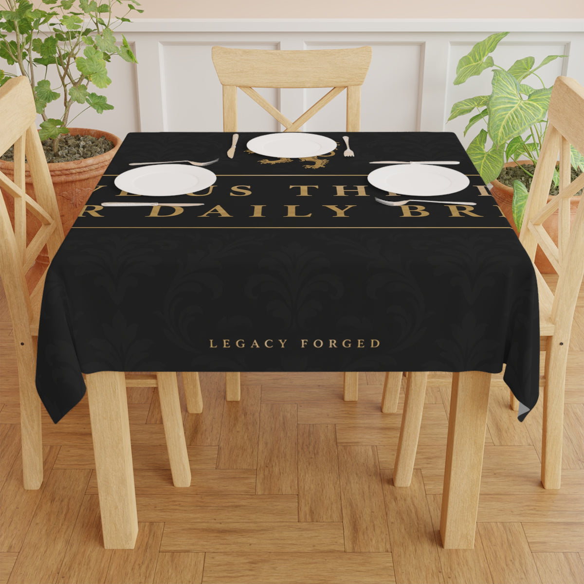 Give Us This Day Our Daily Bread Tablecloth — Elegant Black & Gold Religious Dining Table Cover LegacyForged™