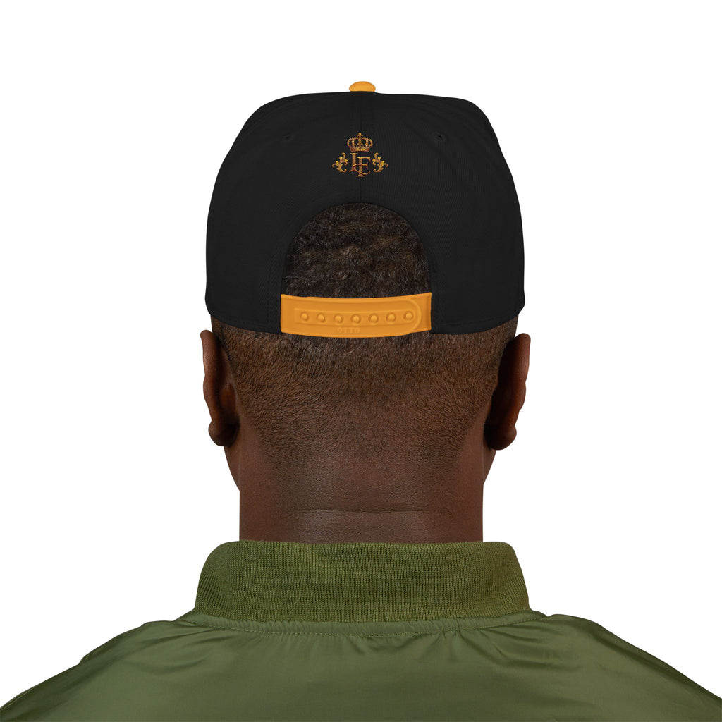Gold Embroidered Crest Snapback Hat – Vintage Shield Logo Cap