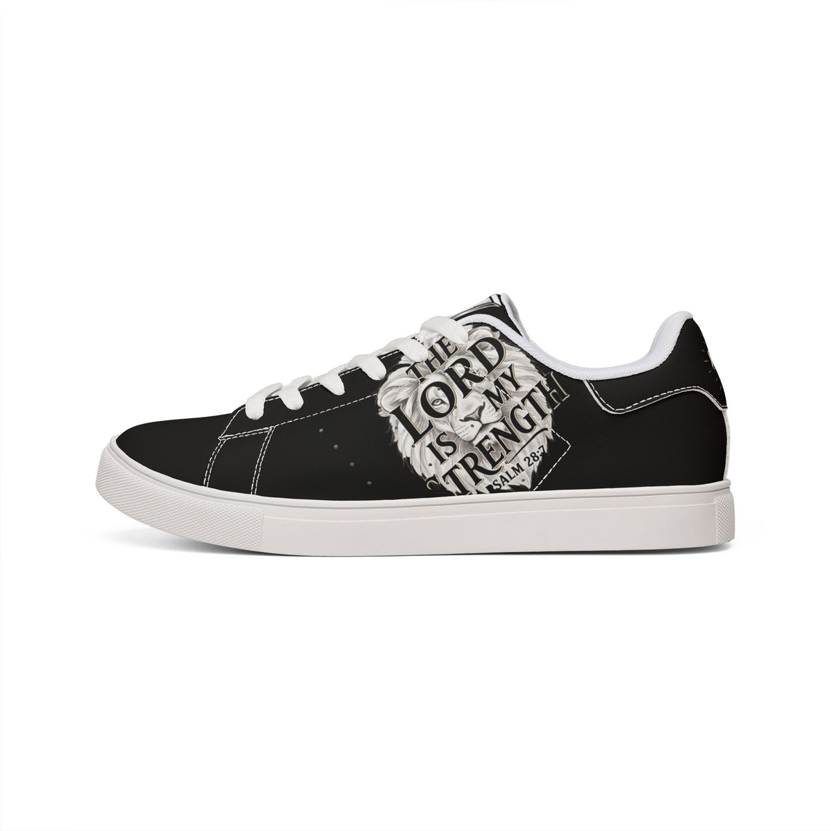 Men's Low-Top Leather Sneakers — "The Lord Is My Strength" Script Design