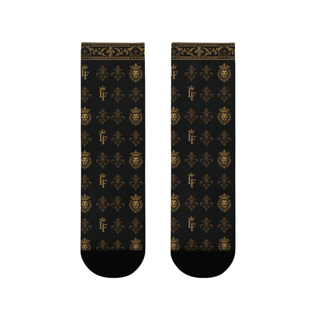 Elegant Gold Fleur-de-Lis Crew Socks — Black Sublimation Pattern LegacyForged™