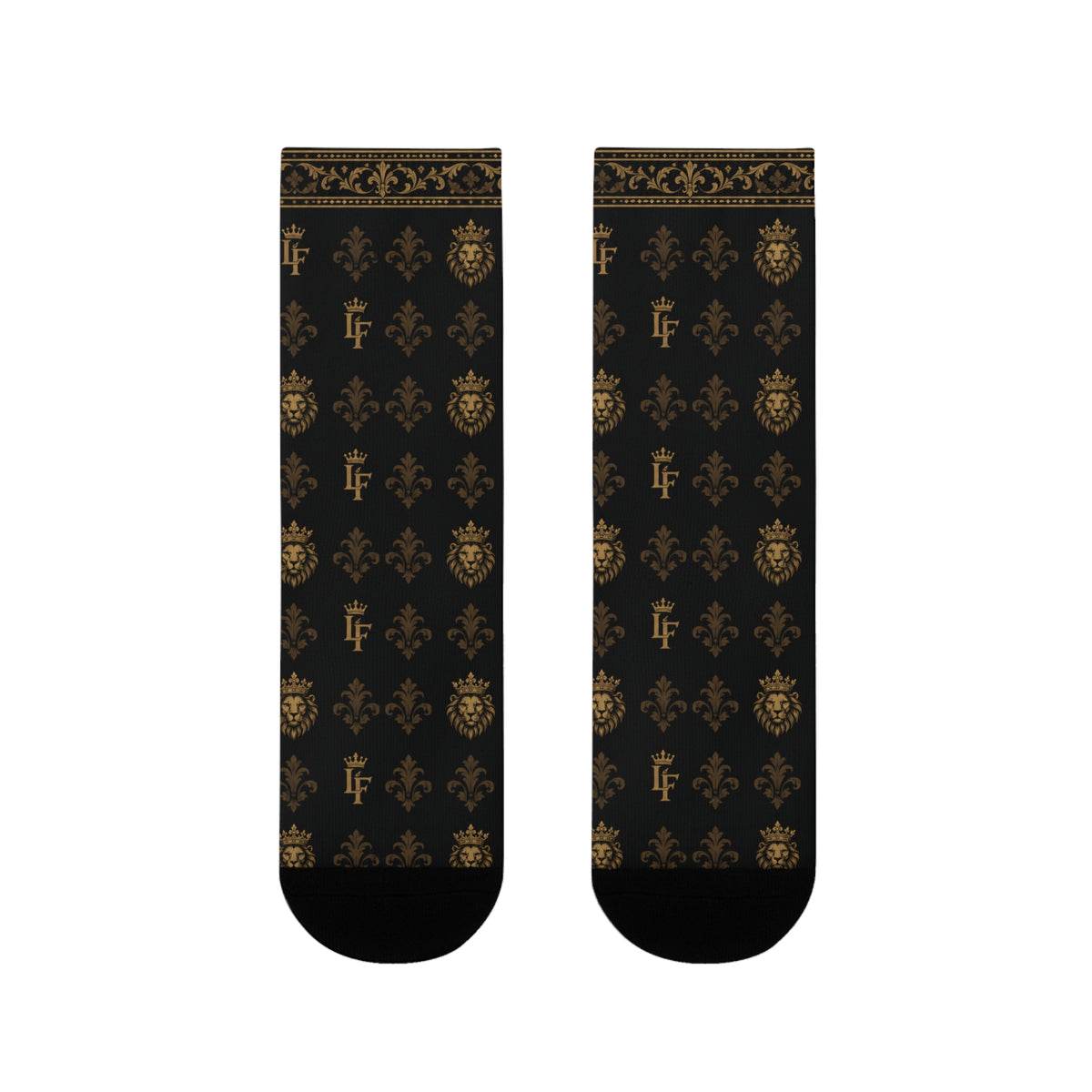 Elegant Gold Fleur-de-Lis Crew Socks — Black Sublimation Pattern LegacyForged™