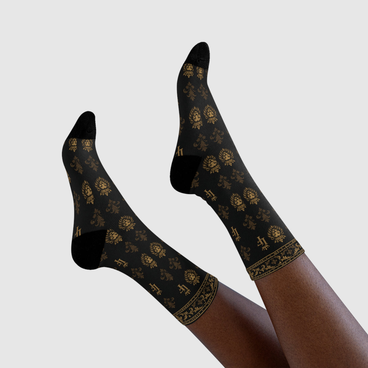 Elegant Gold Fleur-de-Lis Crew Socks — Black Sublimation Pattern LegacyForged™
