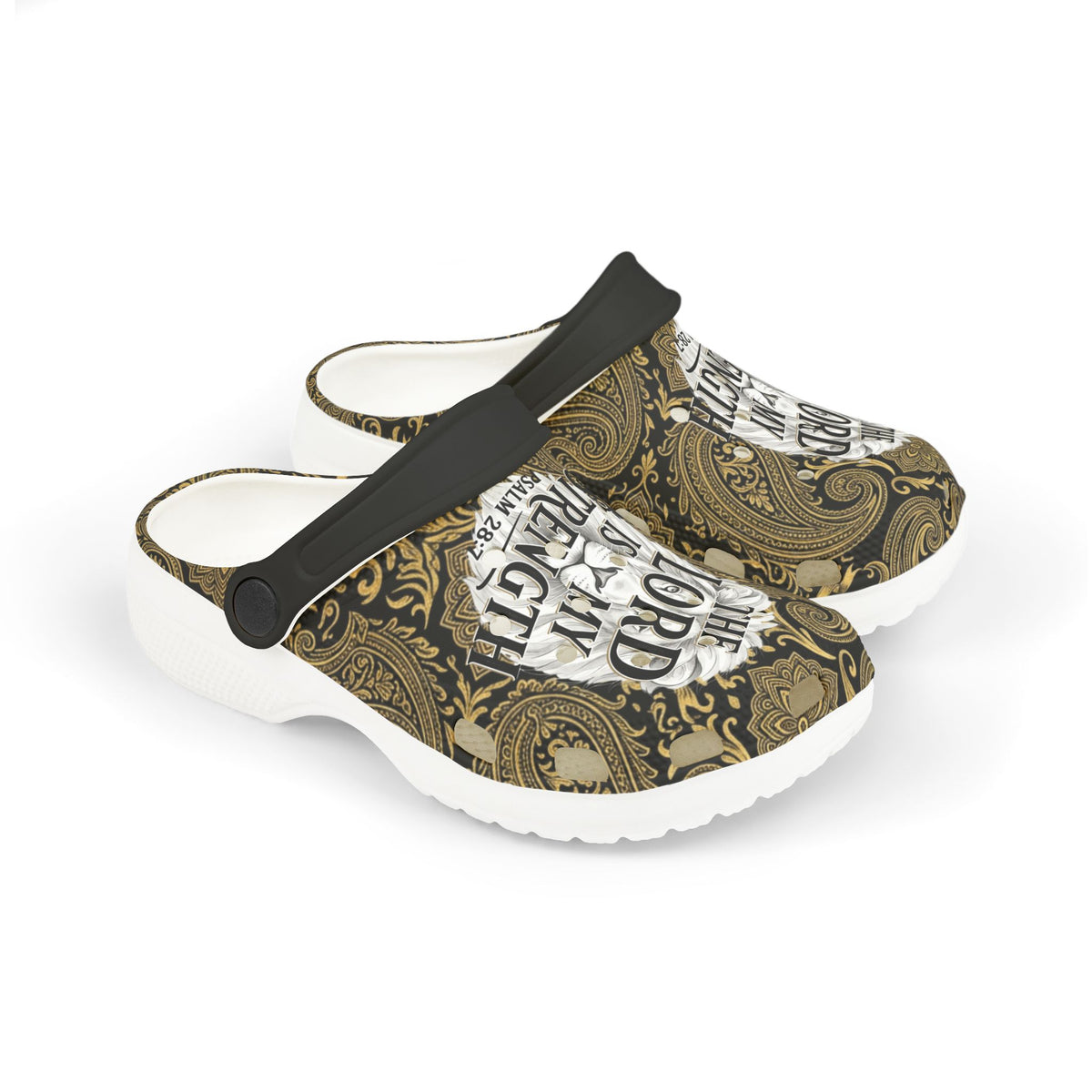 Kids Clogs - "The Lord Is My Strength" Brown Paisley Christian Foam Clogs