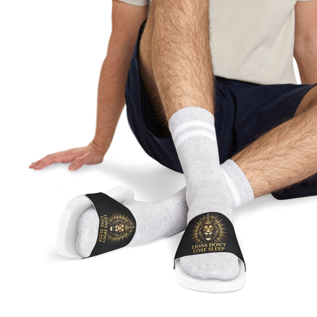Lion Graphic Slide Sandals — "Lions Don't Lose Sleep" Removable Strap Slides