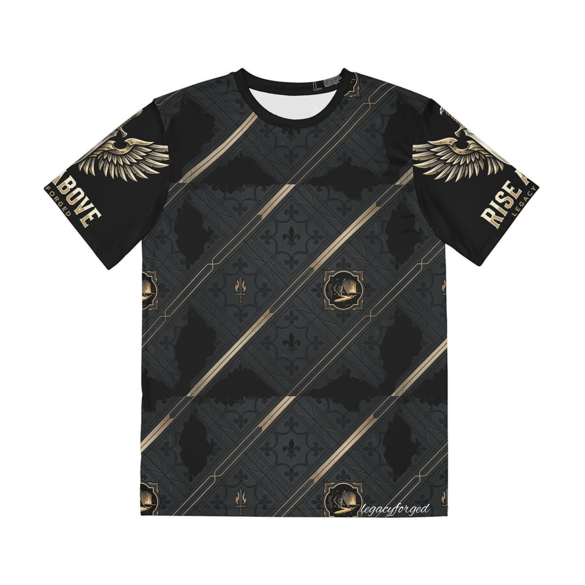 Rise Above Men’s All-Over Print Tee — Dark Heraldic Wings & Crest Pattern LegacyForged™