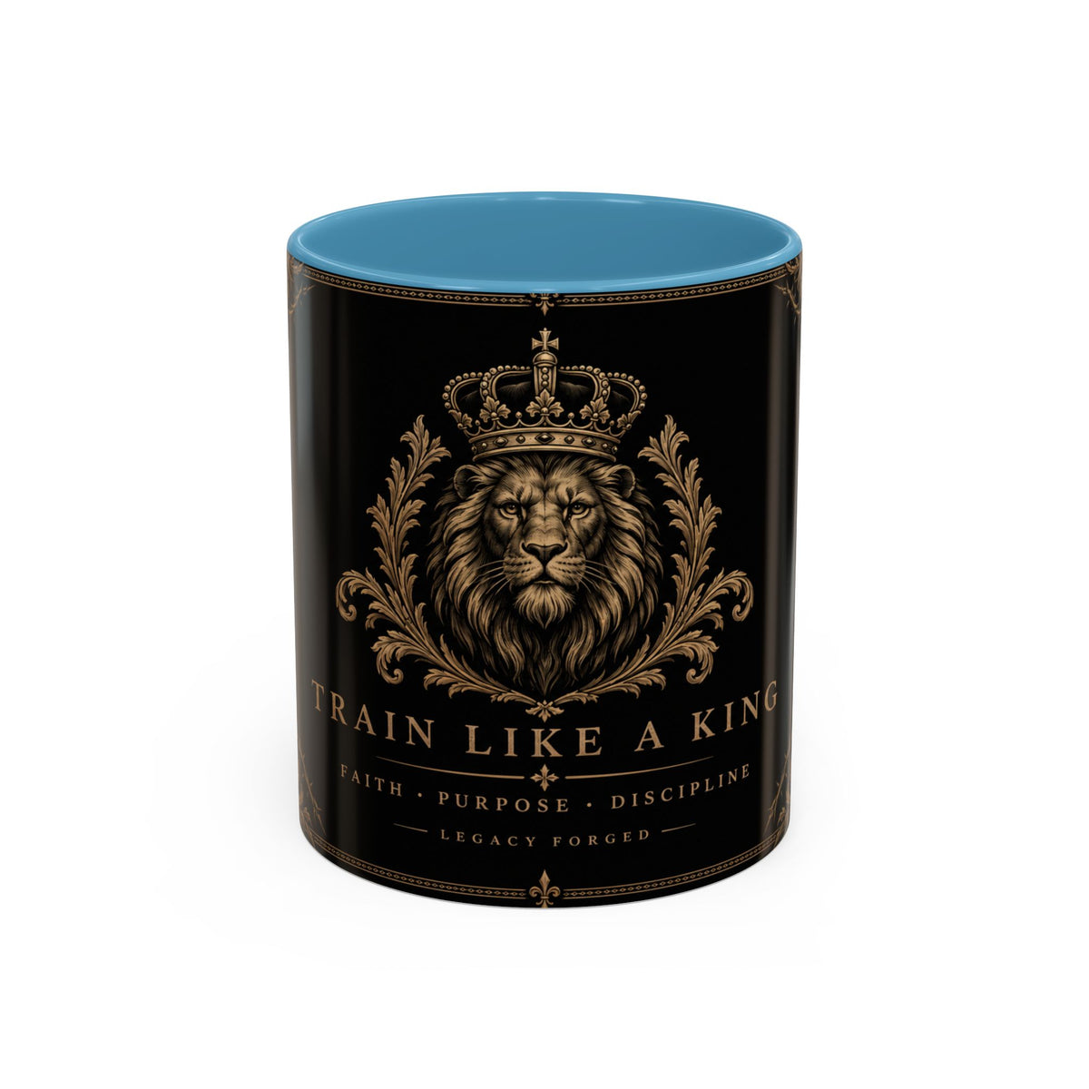 Train Like a King Coffee Mug — Lion Crown Motivational Black Tea Mug (11/15oz)
