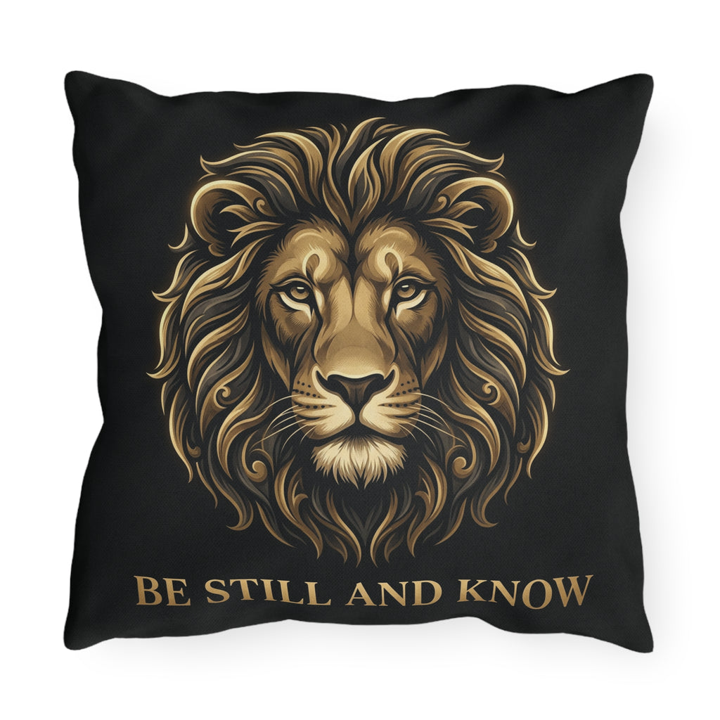 Be Still and Know Lion Outdoor Pillow — Inspirational Garden Cushion