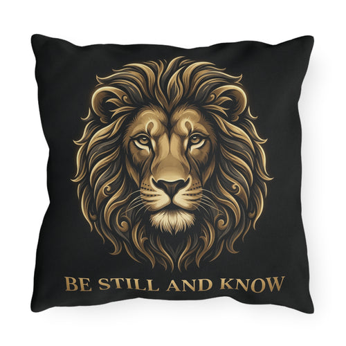 Be Still and Know Lion Outdoor Pillow — Inspirational Garden Cushion