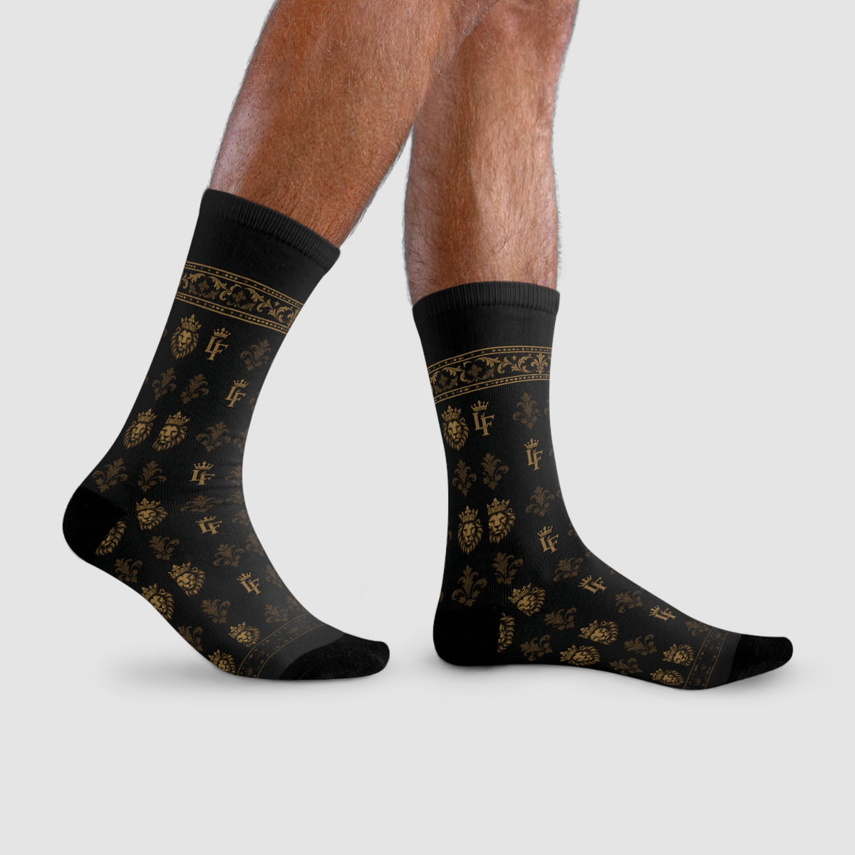 Elegant Gold Fleur-de-Lis Crew Socks — Black Sublimation Pattern LegacyForged™