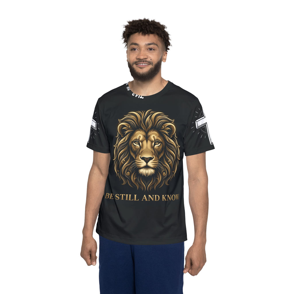 Lion Graphic Jersey — "Be Still and Know" Men's Sports Shirt