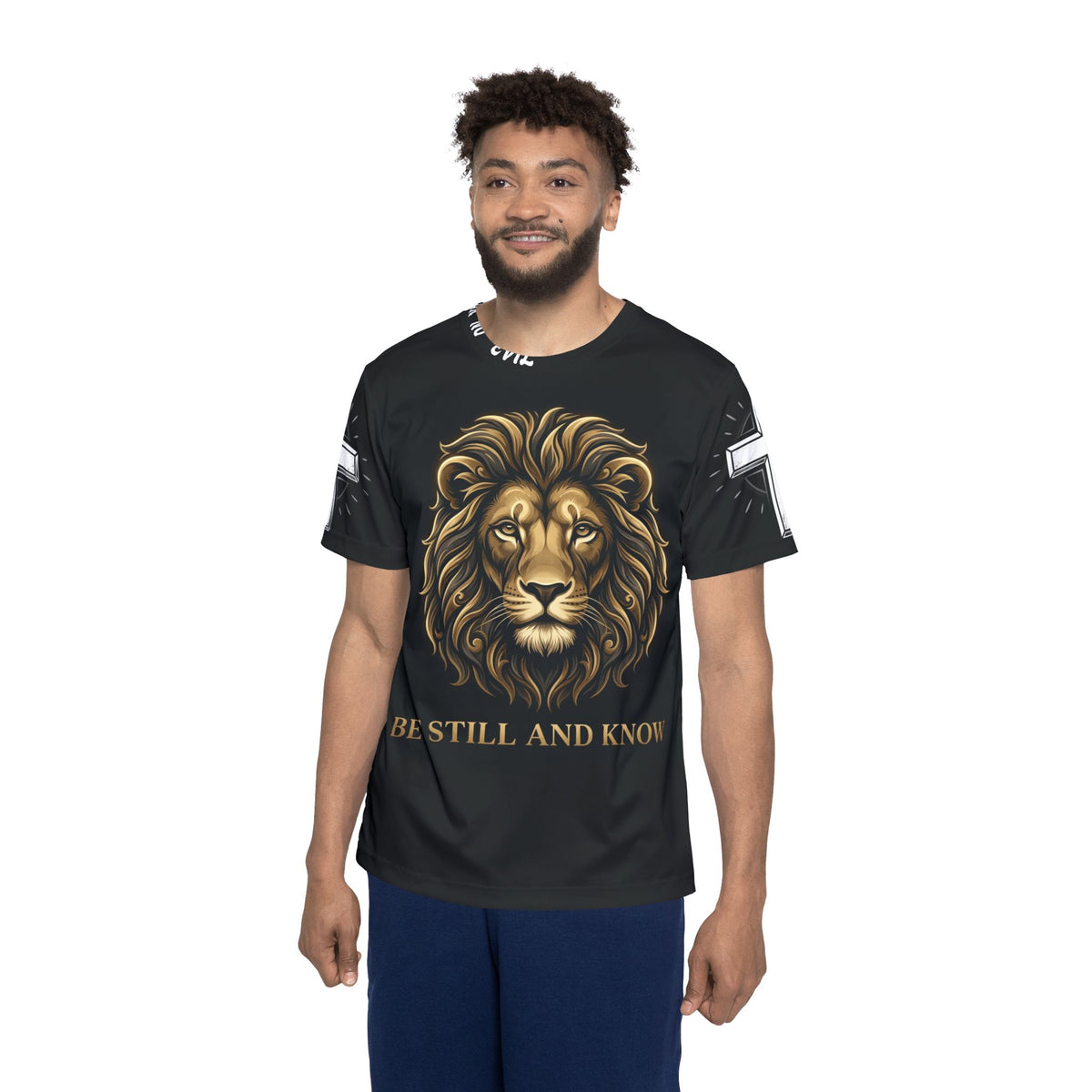 Lion Graphic Jersey — "Be Still and Know" Men's Sports Shirt